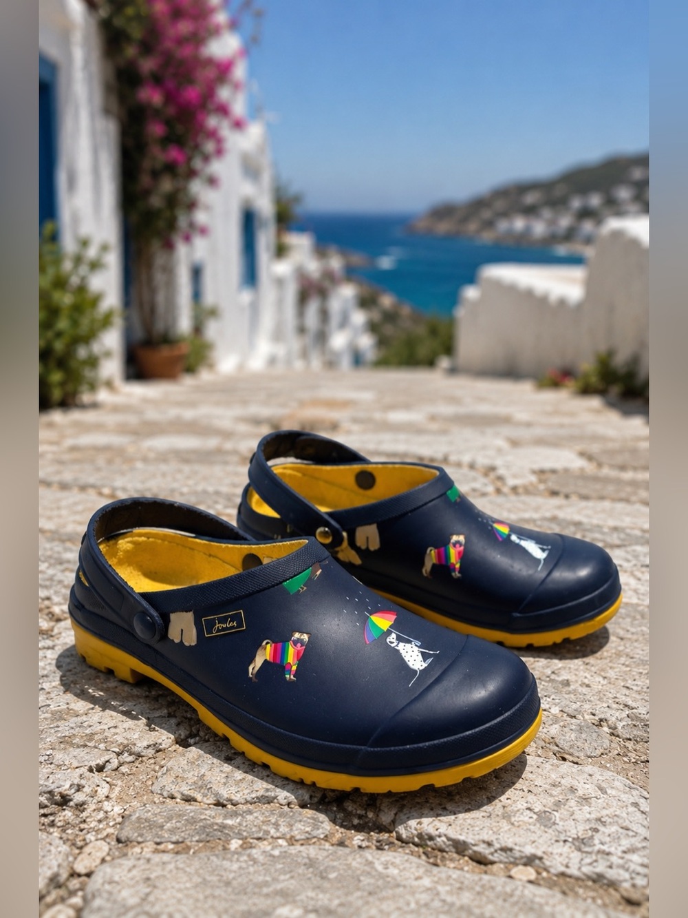 😻🌈Joules Navy Clogs with Yellow Soles and Dog & Umbrella Print - Picture 11 of 11